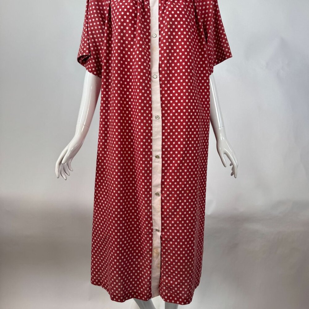 Vintage 1950s Red & White Polka Dot Button-Up House Dress With Short Sleeves